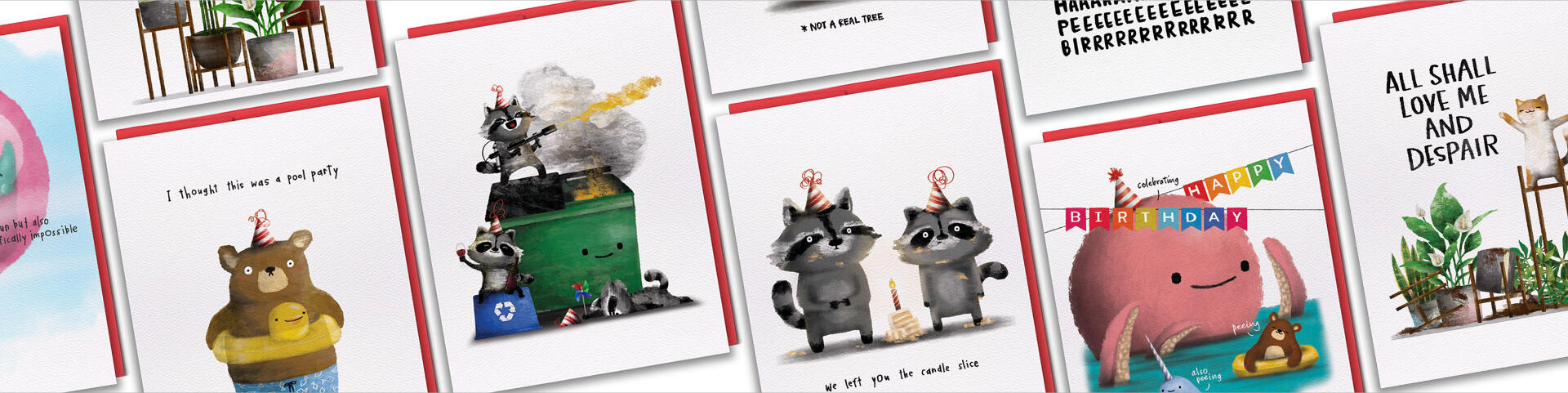 Silly greeting cards laid out horizontally